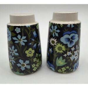 VTG Napcoware Blue Green Flower Power Floral Black Salt Pepper Shakers Japan